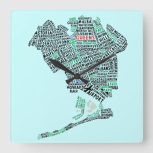 Typografie-Karten-Kunst-Wanduhr des Queens-NY Quadratische Wanduhr