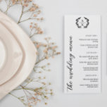 Typografie Laurel Wreath Monogram Wedding Menükarte<br><div class="desc">Elegantes 9x4 Hochzeitsmenü in Schwarz-Weiß-Typografie-Design mit einem Lorbeer-Monogramm und schönen Schriftart. Typografisches Hochzeitsmenü mit einer grünen Monografie und schönen Schriftart. Flat Hochzeitsmenü mit elegantem Monogramm und schönen Schriftart und grünen Details in schwarz auf weißem Hintergrund.</div>