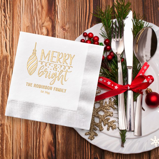 Typografie Merry und Bright Bauble Name | Date Servietten Mit Folie ("Merry and Bright" Bauble Typography Family Name and Year Established Stamped Foil Napkins)