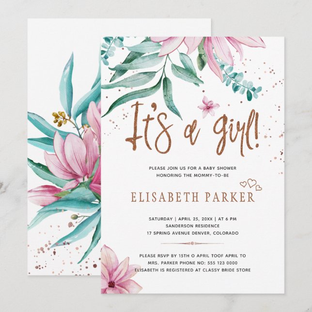 Typografie modern ist eine Blumendusche für Mädche Einladung (Vorne/Hinten)