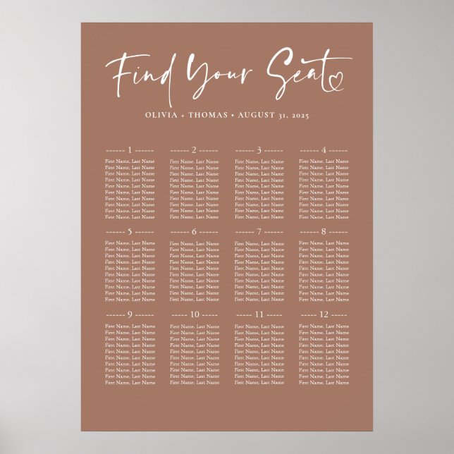 Typografie Moderne braune Hochzeitstabelle Poster (Vorne)