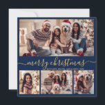 Typografie Moderne Marine 5 FotoCollage Weihnachte Feiertagskarte<br><div class="desc">Moderne Minimalistische Elegant Calligraphy Navy und Gold 5 Foto Collage Frohe Weihnachtskalligrafie Script Holiday Card. Dieses festliche, mimimalistische, skurrile Urlaubskarten-Template verfügt über hübsch vier (4) Foto-Collage vorne, 1 Foto auf der Rückseite und sagt "Frohe Weihnachten" Grußtext, der in einer wunderschönen Hand geschrieben wird Wirblen Swash-Schwanz-Schriftart in Gold auf marineblau Hintergrund....</div>