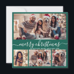 Typografie Modernes Green 5 Foto Collage Weihnacht Feiertagskarte<br><div class="desc">Moderne Minimalistische Elegante Kalligrafie Green 5 Foto Collage Frohe Weihnachtskalligrafie Script Holiday Card. Diese festliche, mimalistische, skurrile Urlaubskartenvorlage zeigt hübsch vier (4) Foto-Collage vorne, ein Foto auf der Rückseite und sagt "Frohe Weihnachten" Grußtext, der in einer schönen Hand geschrieben ist Wirblen Swash-Schwanz-Schriftart in Weiß auf grünem Hintergrund. Auf der Rückseite...</div>