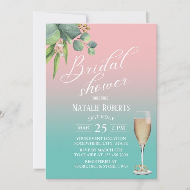 Typografie Pastell Pink Aquamarines Foliage Brautp Einladung (Vorderseite)