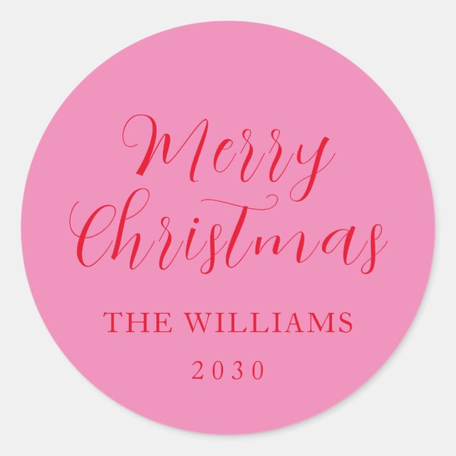 Typografie Pink Rot Frohe Weihnachten Runder Aufkleber (Vorderseite)
