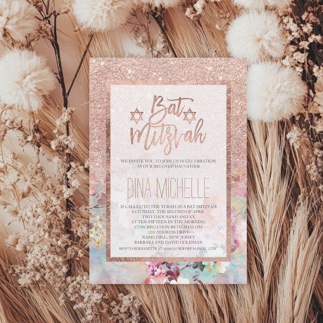 Typografie Rose Einladung (Typography rose gold floral watercolor Bat Mitzvah Invitation)