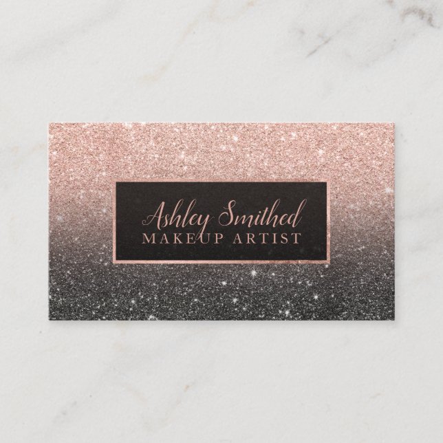 Typografie-RosengoldGlitterschwarzes ombre Make-up Visitenkarte (Vorderseite)