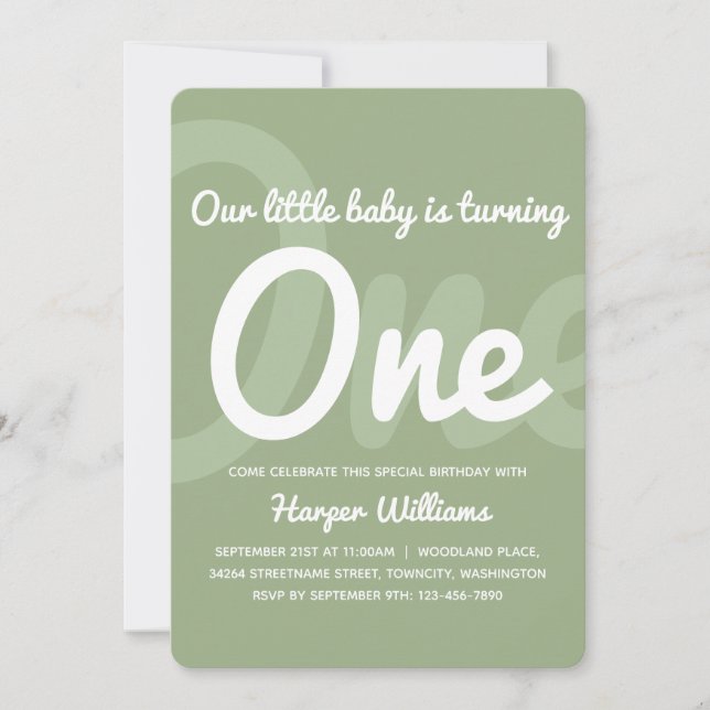 Typografie Sage One Baby Einladung zum 1. Geburtst (Vorderseite)