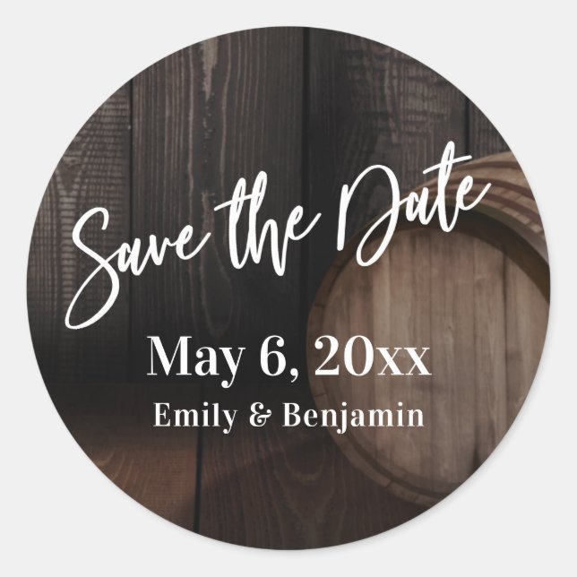 Typografie Save the Date Brown-Holzfass Runder Aufkleber (Vorderseite)