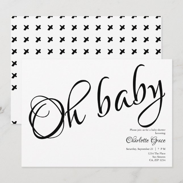 Typografie Schwarz-weiß Oh Baby Shower Herz Kisses Einladung (Vorne/Hinten)