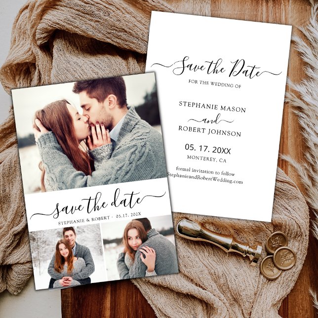 Typografie Script Minimal 3 Foto Collage Wedding Save The Date (Von Creator hochgeladen)