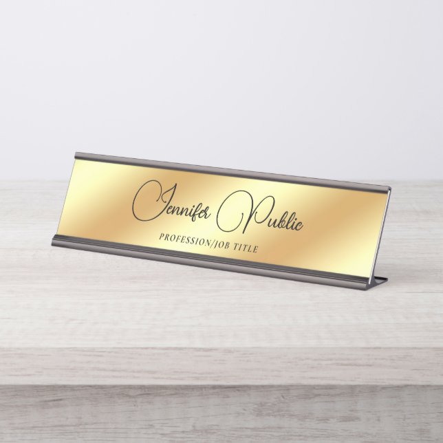 Typografie Script Text Moderne elegante Imitat Gol Schreibtischnamensplakette (Vorderseite )