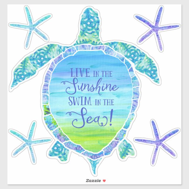 Typografie Sea Turtle n Starfish Beach Deco Aufkleber (Blatt)