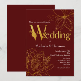 Typografie von Burgund und Goldfloralblüten Einladung