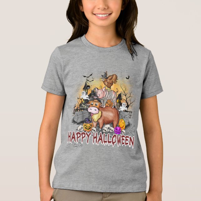 Typografie von niedlichen Halloween-Nutztieren Tri-Blend Shirt (Vorderseite)