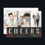 Typografische Botanicals 3 Foto Cheers Feiertagspostkarte<br><div class="desc">Postkarte. Diese neue Ferienkartenkollektion ist in jeder Hinsicht individuell anpassbar und mit unseren handbemalten Winterbeeren und Blattwerk ausgestattet. Kühne moderne Grüße, die zwischen dem Kunstwerk verwoben sind, bilden eine skurrile typografische Aussage, die sich herausstellt. Diese Auflistung enthält mehrere Foto- und Collage-Optionen, um Ihren Foto-Einstellungen anzupassen. Die Rückseite der Karte ist...</div>