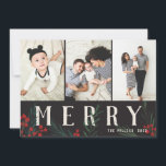 Typografische Botanicals 3 Foto Collage Merry Feiertagskarte<br><div class="desc">Diese neue Ferienkartenkollektion ist in jeder Hinsicht individuell anpassbar und mit unseren handbemalten Winterbeeren und Blattwerk ausgestattet. Kühne moderne Grüße, die zwischen dem Kunstwerk verwoben sind, bilden eine skurrile typografische Aussage, die sich herausstellt. Diese Auflistung enthält mehrere Foto- und Collage-Optionen, um Ihren Foto-Einstellungen anzupassen. Die Rückseite der Karte ist mit...</div>