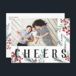 Typografisches Botanicals Foto Cheers Feiertagspostkarte<br><div class="desc">Postkarte. Diese neue Ferienkartenkollektion ist in jeder Hinsicht individuell anpassbar und mit unseren handbemalten Winterbeeren und Blattwerk ausgestattet. Kühne moderne Grüße, die zwischen dem Kunstwerk verwoben sind, bilden eine skurrile typografische Aussage, die sich herausstellt. Diese Auflistung enthält mehrere Foto- und Collage-Optionen, um Ihren Foto-Einstellungen anzupassen. Die Rückseite der Karte ist...</div>