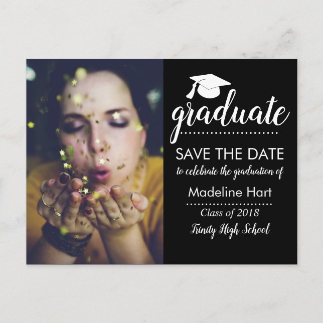 Typografy Graduation Party | Save the Date Foto Ankündigungspostkarte (Vorderseite)