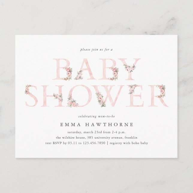 Typographie florale Invitation Baby shower rose (Devant)