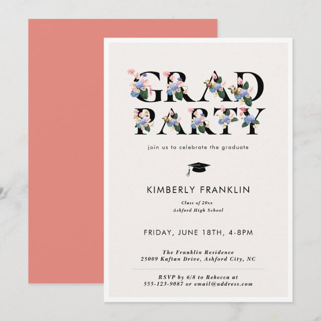 Typographie florale moderne GRAD PARTY Invitation (Devant / Derrière)