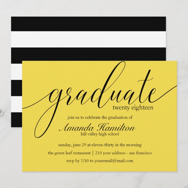 Typographie Jaune moderne Graduation Invitation (Devant / Derrière)