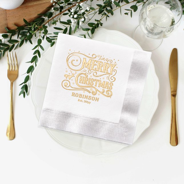 Typographie Joyeux Noël Nom de famille Date (Typography "Merry Christmas" Family Name and Date Established Stamped Foil Napkins)