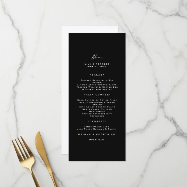 Typographie moderne Menu long noir et blanc (Devant/Arrière en situation)