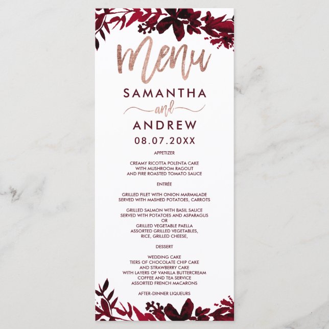 Typographie or rose Floral rouge mariage menu (Devant)