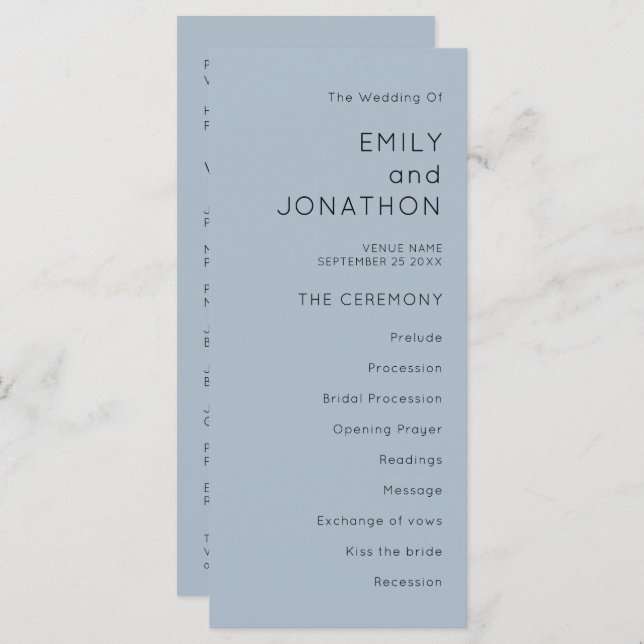 Typographie simple Dusty Blue Wedding Programme (Devant / Derrière)