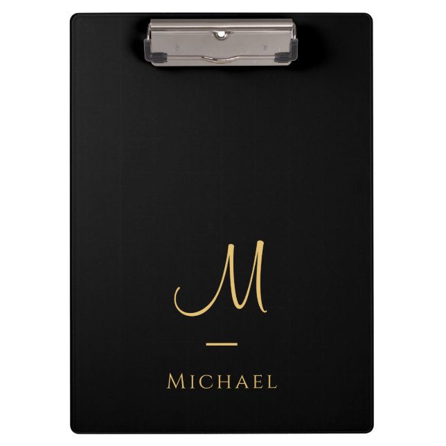 Typography Monogram Clipboard Elegant Black Gold Klemmbrett (Vorderseite)