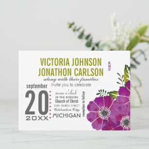 Typography Purple and Kale Green Floral Wedding Einladung