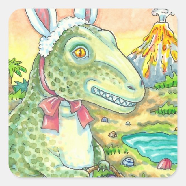 TYRANNOSAURUS, NIEDLICH T-REX, OSTBUNNY DINO QUADRATISCHER AUFKLEBER (Vorderseite)