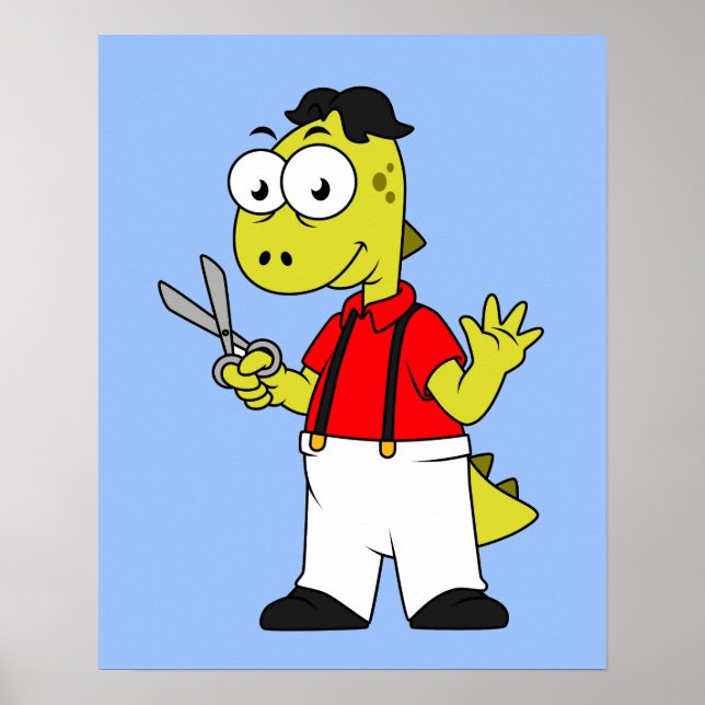 Tyrannosaurus Rex Barber mit Scheren. Poster (Vorne)
