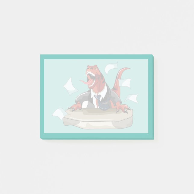 Tyrannosaurus Rex Boss sitzt an einem Schreibtisch Post-it Klebezettel (Vorderseite)