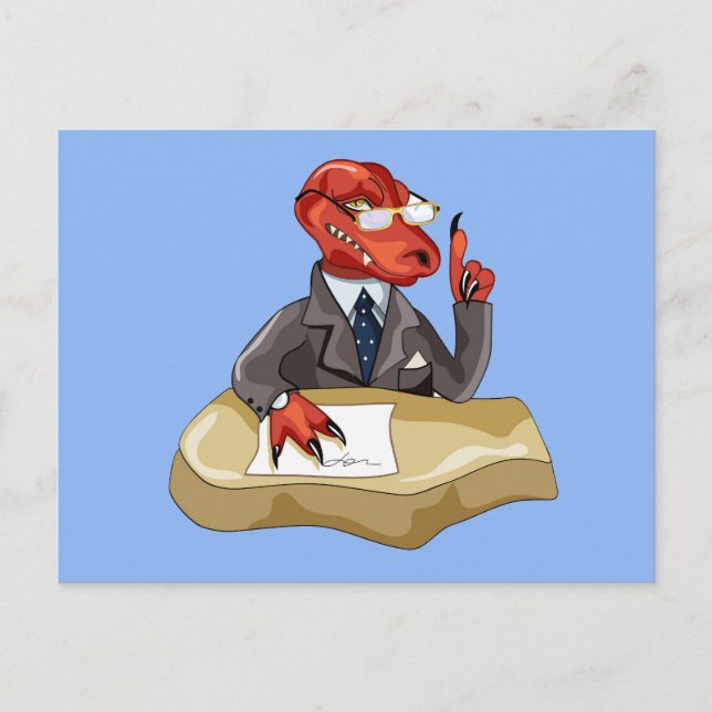 Tyrannosaurus Rex Boss sitzt an einem Schreibtisch Postkarte (Vorderseite)