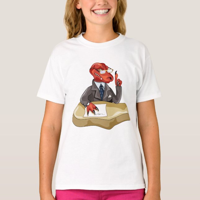 Tyrannosaurus Rex Boss sitzt an einem Schreibtisch T-Shirt (Vorderseite)
