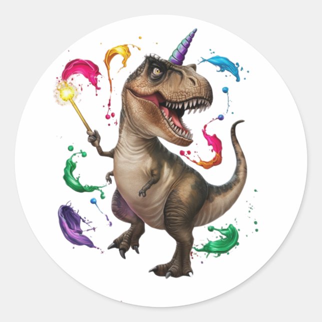 Tyrannosaurus Rex Dinosaurier mit Einhornhorn Runder Aufkleber (Vorderseite)