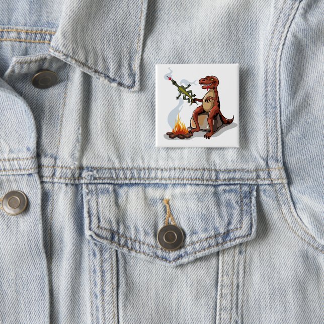 Tyrannosaurus Rex kocht Essen über einem Lagerfeue Button (Beispiel)