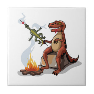 Tyrannosaurus Rex kocht Essen über einem Lagerfeue Fliese