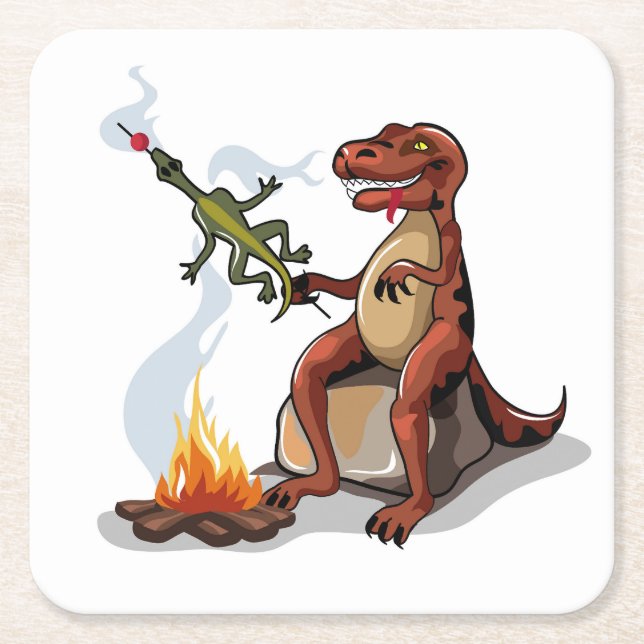 Tyrannosaurus Rex kocht Essen über einem Lagerfeue Rechteckiger Pappuntersetzer (Vorderseite)