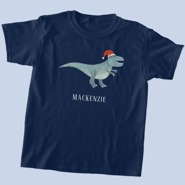 Tyrannosaurus Rex Weihnachtsfeierliche Weihnachtsm T-Shirt (Fun personalized name text Tyrannosaurus Rex in a Christmas Santa hat t-shirt)