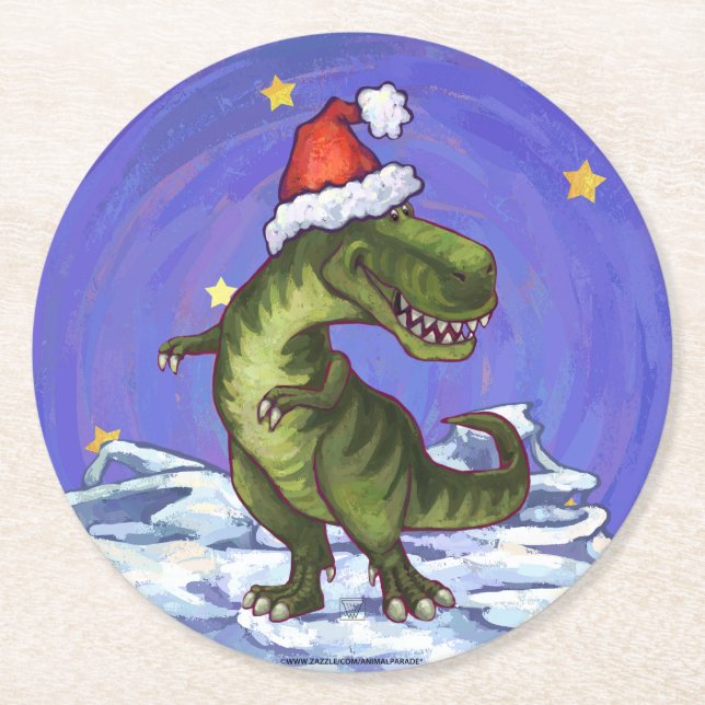 Tyrannosaurus Weihnachten Runder Pappuntersetzer (Vorderseite)