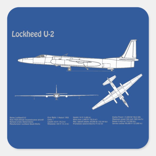 U-2 Dragon Lady - Airplane Blueprint Plans ABD Quadratischer Aufkleber (Vorderseite)