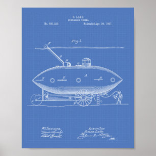 U-Boot-Schiff 1897 Patent Kunst Blaupause Poster