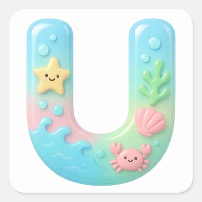 "U" Cute Letter - Underwater Sea Creature  Quadratischer Aufkleber (Vorderseite)