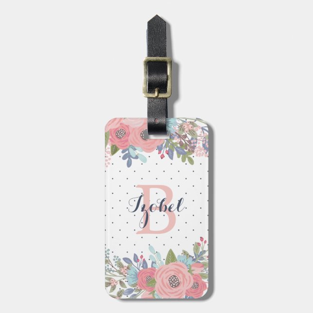 U. erröten blaues Blumen-Polka-Punkt-Monogramm Gepäckanhänger (Vorderseite vertikal)