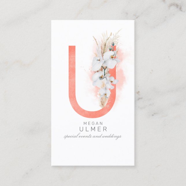 U Letter Monogram White Orchias and Pampas Grass Visitenkarte (Vorderseite)