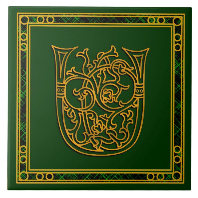U Monogram "Irish Gold on Green" Keramik Tile Fliese (Vorderseite)