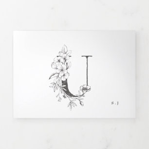 'U' Monogram Schöne gezeichnete Blumenhochzeit Dreifach Gefaltete Einladung
